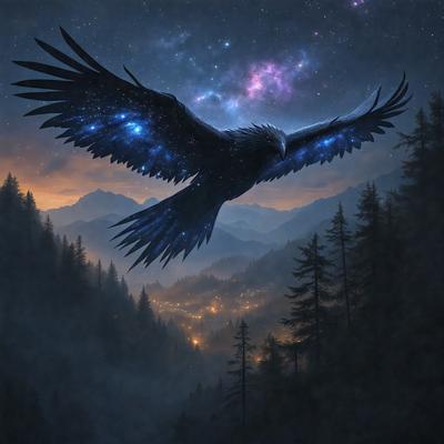 The primary subject of the image is a large black bird, possibly a hawk, flying through the night sky. The bird is soaring over a mountainous landscape, with a backdrop of trees and a starry sky. The visual style of the image is a digital art or illustration, creating a dramatic and atmospheric scene. The colors and mood of the image are predominantly dark, with the black bird contrasting against the starry sky and the mountainous terrain.